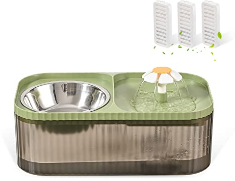 JEERAMIA Cat Water Fountain and Food Bowl, 3L/101oz Ultra Quiet Pet Water Dispenser with Smart Pump and 3 Replacement Filters, Automatic Flower Fountain & Stainless Steel Bowl (Black & Green)