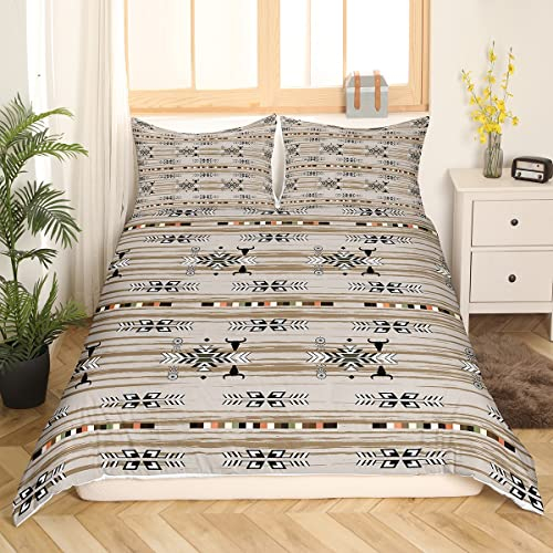 Western Boho Bettwäsche Set 135 x 200 cm Kuh Traumfänger Bettwäsche südwestliche Bettdecken Sets ethnischer Stamm Pfeil Azteken Bett Set Retro Vintage Exotik Longhorn Schädel Boho Dekor Khaki Beige