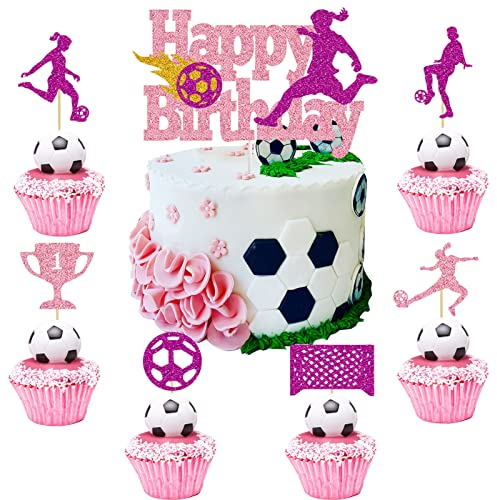 25 Stück Fußball Cake Toppers Tortendeko Fussball Tortenaufleger Fussball Geburtstag Kinder Fußball Deko Torte Kuchendeko Fussball Geburtstag für Kinder Mädchen Fußball Sport Party Dekoration Rosa