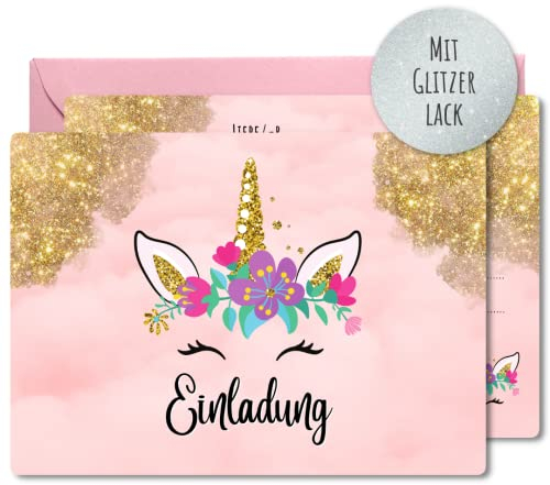 12x EINLADUNGSKARTEN+Umschläge Kindergeburtstag, Party–süße Karten mit Einhorn Motiv–Die Glitzer Karten sind die perfekte Einladung zur Geburtstagsfeier–für echte Einhorn Fans, Rosa, Gold, Glitzer