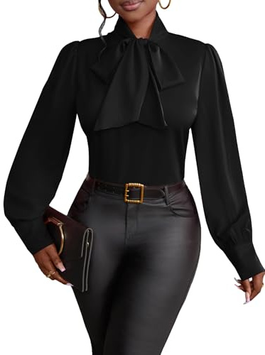 Vrtige Women's Bow Tie Neck Long Sleeve Elegant Blouse Shirt Top Black X-Large