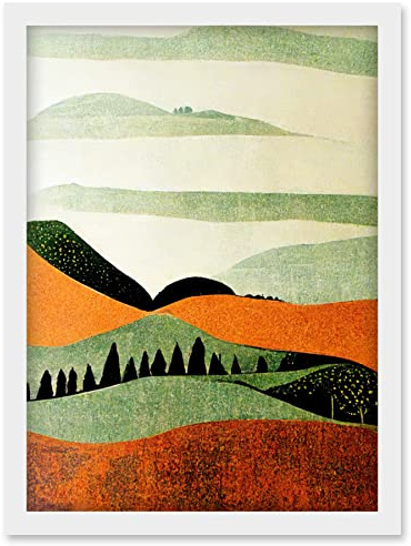 Doppelganger33 LTD Abstract Eclectic Tangerine And Olive Nature Landscape Linocut Minimalism Drawing Artwork Framed Wall Art Print A4