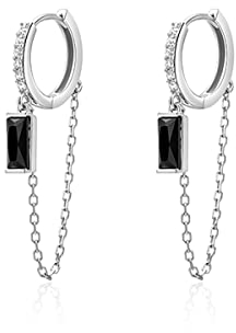 SLUYNZ 925 Sterling Silber Baumeln Hoop Ohrringe für Frauen Damen Minimalist Schwarz CZ Creolen Ohrringe Quaste Kette (A-Silver)