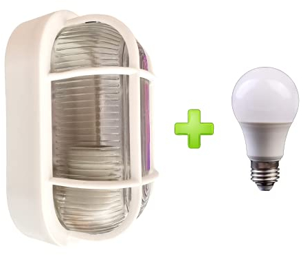 DS-Lux Kellerlampe E27 Feuchtraum Ovalleuchte mit Schutzgitter Deckenleuchte Feuchtraumleuchte Wandleuchte Gartenlampe Garagenleuchte | Werkstattleuchte für Innen- und Aussen (Weiß + LED Lampe 9w)