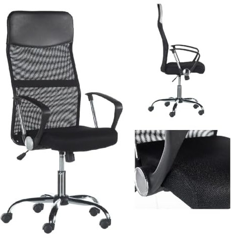DUPI Silla de Escritorio Meeting con Ruedas | Ergonómica con Respaldo de Malla | Giratoria 360º y Altura Ajustable | Acolchado 6 cm y Reposabrazos | Negro