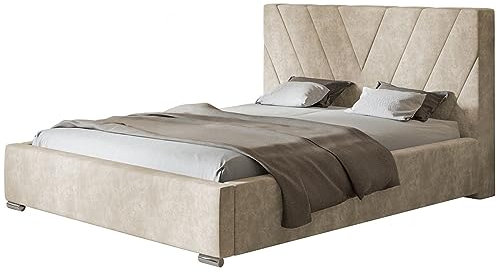 AlpiMeble Polsterbett Palermo mit Kopfteil, 180x200 cm, Doppelbett mit Bettkasten und Lattenrost aus Holz, Velourstoff Sand