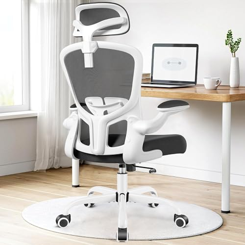 FelixKing Ergonomischer Bürostuhl, verstellbare Lendenwirbelstütze, Drehstuhl, 3D-Kopfstütze und klappbare Armlehnen, Computerstuhl, atmungsaktives Netzrückenpolster, 300lbs(Weiß)