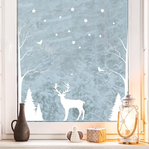 Wandtattoo Loft Fensterbilder Weihnachten Hirsch, Bäume und Sterne – Wiederverwendbar – A4 Bogen, 29 Sticker – Weihnachstdeko Fenster Kinderzimmer, Weihnachtsbilder Fenster, Fensterbild Winter