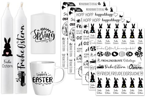 6 PCS Kerzentattoos Ostern, Wasserschiebefolie Kerzen Tattoo Ostern Frühling, Kerzensticker Osterhase Sprüche Frohe Ostern Dekoration