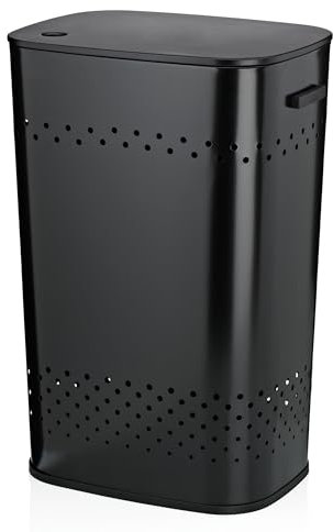 kela Sitz- Wäschekorb mit Deckel, Wäschesammler mit guter Luftzirkulation, Wäschetonne 39,5 x 29,5 x 57,5 cm, MALAGA, Metallkorb schwarz