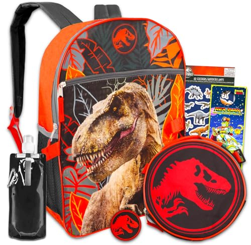 Jurassic World Mochila con fiambrera, paquete con mochila T-Rex, lonchera Jurassic Park, botella de agua, calcomanías