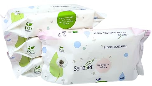 SanaSet Baby Feuchttücher - sanftes Toilettenpapier/Spucktücher mit Aloe Vera, Kamille & Olivenöl für empfindliche Haut - biologisch abbaubar, nachhaltig aus 100% Naturfasern (240 Stk (4er Pack))