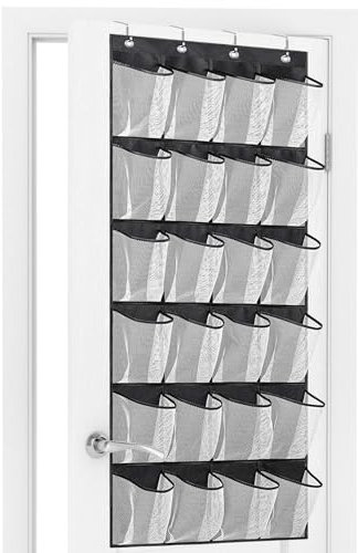 Newthinking Hanging Shoe Storage, Over the Door Shoe Storage Organiser, Hanging Shoe Rack Holder 24 Large Mesh Pockets for Wardrobe Door Tidy with Hange (Black)