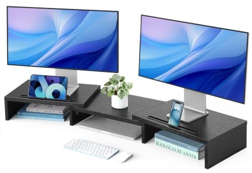 HUANUO Supporto Monitor Scrivania Doppio, Rialzo Monitor da Scrivania Regolabile con 2 slot, Supporto Monitor per 2 Monitor, Supporto Multiuso Scrivania per Computer, Laptop, PC, Nero
