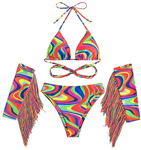 FYMNSI Festival Outfit Damen Techno Rave Outfits Sexy Regenbogen Bikini Set Handschuhe G-String Badeanzug Bademode Pole Dance Nachtclub Clubwear Reizw?sche Dessous Regenbogen M