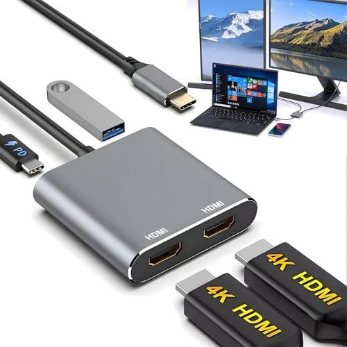 Azuxreza Adaptador USB C a HDMI Dual 4K@60Hz, 4 en 1 Convertidor Con Carga PD 100W, USB 3.0, Divisor de Pantalla Extendida Compatible Con Thunderbolt 3/4