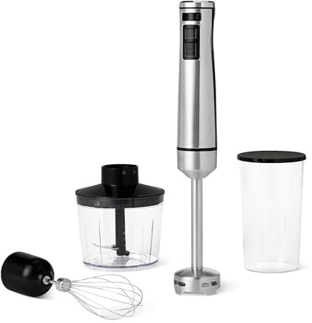 Amazon Basics - Frullatore a Immersione Manuale Multi-Velocità da 1000 Watt con Accessori, con Cavo, Colore Argento