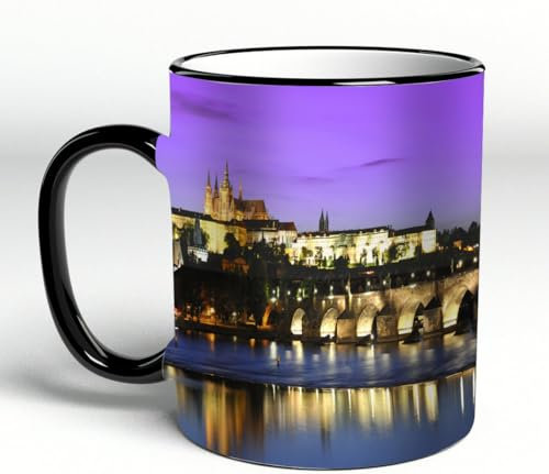 YOIUE Tasse aus Keramik - Große 11oz Tassen 330ml Kaffeetassen mit Henkel, 100% Handbemalt - Trinkgläser mit Griff - Weiß,Prager Burg