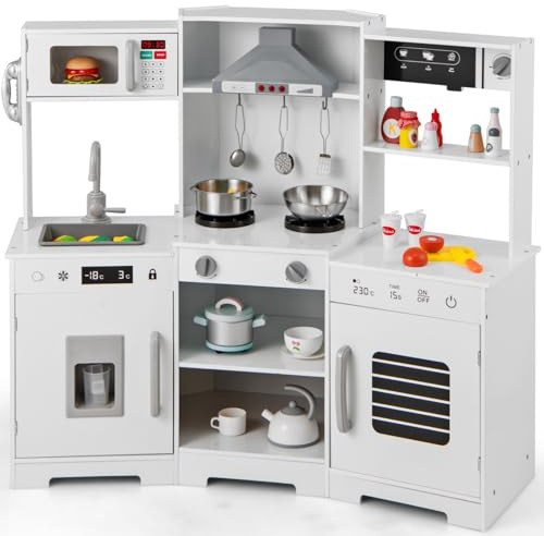 GYMAX Kids Corner Kitchen, Wooden Play Kitchen with Stoves, Range Hood, Ice Maker, Sink, Coffee Maker, Microwave, Oven, Telephone, Utensils, Sounds & Lights, Toy Kitchen for 3 + Years Old (White)