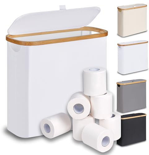 efluky 30L Toilet Roll Storage with Lid, Toilet Paper Basket, Bamboo Multifunctional Storage Basket Toilet Roll Basket for up to 9-12 Rolls, Perfect for Tight Spaces, White