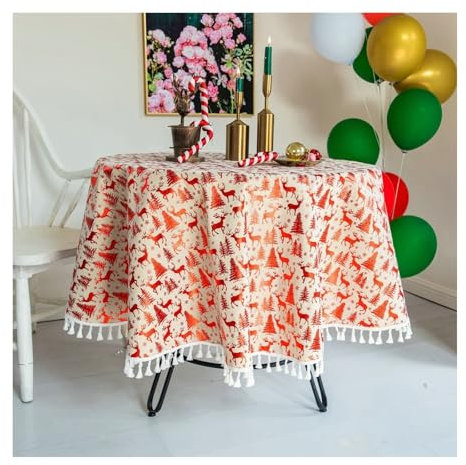 Tischtuch Rot, Baumwollleinen Tischdecke Outdoor Weihnachten Tischdecke Rund 120CM