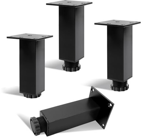 KINDPMA Lot de 4 12cm Pieds de Meuble Réglables Hauteur Carrés Pieds de Table en Alliage d'Aluminium Pied Canapé avec Vis pour Table, Meuble TV, Chaise Armoires, Lit,Noir