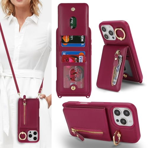 Zouzt for iPhone 16 Pro Case with Cord and Card Holde, Zipper Wallet Case with Crossbody Lanyard Ring Adjustable Necklace Protective Cover Women for iPhone 16 Pro 6.3 Inch - Burgundy
