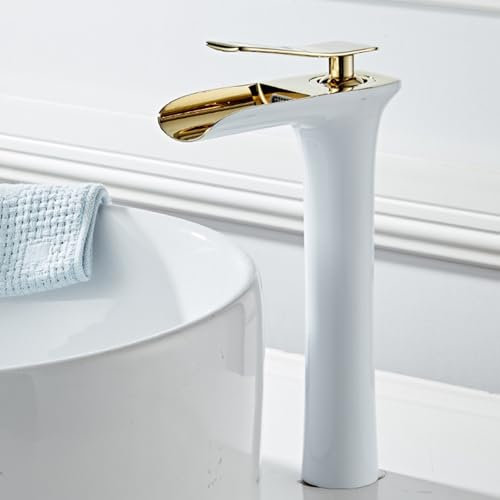 Rubinetto Bagno Miscelatore Lavabo Miscelatore per Lavello Cascata Bianco+Oro Rubinetto da Bagnos Miscelatore Monoforo per Lavabo Alto da Bagno