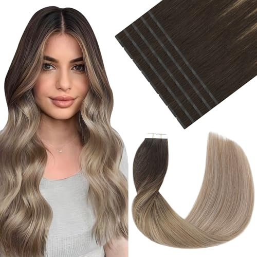 VINBAO Narrow Tape in Hair Extensions Human Hair Glue in Extensions 50g | Balayage Dark Brown to Ash Blonde, Human Hair Tape in Extensions 20pcs 20in, Human Hair Extensions for Women, Daily Wear