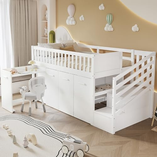Hochbett Kinderbett 90×200cm mit Schreibtisch und Kleiderschrank, Holzbett Einzelbett Funktionsbett mit Schließfächer, Stauraum Treppe, Lattenrost und Rausfallschutz für Kinder, Weiß