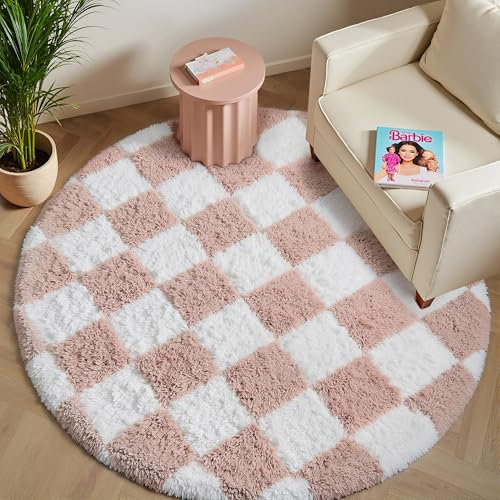 HUGEAR Teppich Kariert Hochflor Teppich Rund 120cm Rosa Weiß Runder Wohnzimmer Schlafzimmer Rutschfester Kinderteppich Flauschig Weicher Carpet Living Room Kinder Mädchen Jungs Bettvorleger