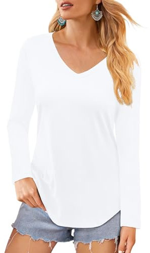 Elesomo Womens Tunic Tops Casual V Neck Long Sleeve Tshirts Ladies Blouses, White 14