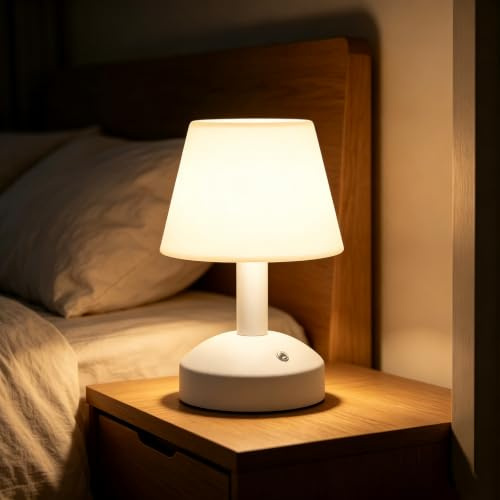 VISDANFO Kabellose Kleine LED-Tischlampe, Tragbare Nachttischlampe mit 5000mAh Akku, Wasserdicht, Dimmbarer Outdoor-Tischleuchte, Geeignet für Badezimmer, Schlafzimmer, Kinderzimmer (Weiß)