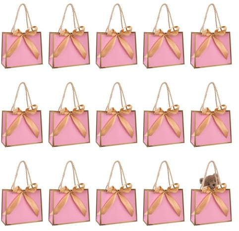 Small Pink Gift Bag, 15 Pcs Paper Gift Bags with Gold Bow Ribbon, Luxury Paper Bags with Handles for Wedding Party Christmas Valentines Bridesmaid - 14x6x12cm
