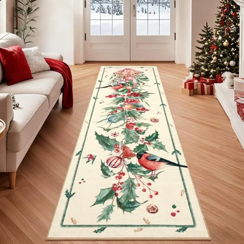 TUKDAK Weihnachtsteppich Läufer 60x180cm,Waschbar rutschfest Teppich Weihnachten,Beige Vogel Weihnachtsläufer Teppich,Küchenteppich Weihnachten,Weihnachtsteppich Küche für Wohnzimmer Schlafzimmer Bad