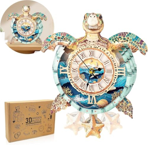Cutywood 3D Wooden Puzzles for Adults, Turtle Wood Clocks with Timepiece | Wooden Model Kits for Adults, 3D Jigsaw Puzzles Desk/Wall Home Decor/Gifts for Friends/Family, Ages 14+ Only(10.3 * 12in)