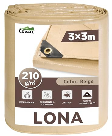 COVALL Schwere Plane 3x3m - 210g/m² Beige wasserdicht Abdeckplane | reißfest, UV-beständig ，mit Ösen, allwetterfest - Verstärkte Abdeckplane für Gartenmöbel, Pool, Holz, Camping & BAU