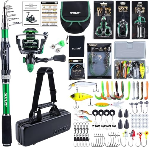 Goture Angelset mit Teleskop-Angelruten (24T Carbon),1,8m/2,1m/2,4m/2,7m I Angelrute Set Komplett 5.2:1 Spinnrolle, 150m/14kg Schnur, Köderbox & Tragetasche – für Salz-/Süßwasser, Reisen–Angelgeschenk