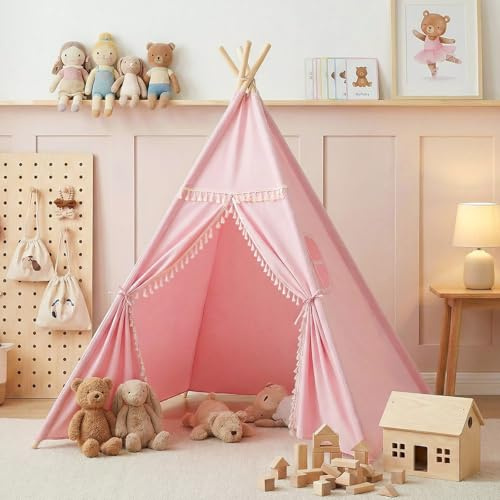 Wilwolfer Tente tipi pour Enfants : 100% Coton - Tente d'intérieur avec Drapeau Triangulaire et Sac de Transport - Tente de Jeu pour Filles et garçons - Jouet d'extérieur - Rose - Cadeau