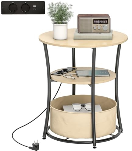 HOMCOM Beistelltisch 3-stufiger Couchtisch mit Ladestation, Stoff-Aufbewahrungstasche, Ablage, Wohnzimmertisch mit Metallrahmen, Kaffeetisch für Wohnzimmer Schlafzimmer 50x50x55,1 cm Naturholz
