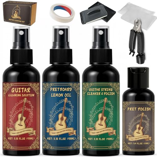 Kit di pulizia per chitarra da 9 pezzi, con lucidante per tasti, previene l'usura, lo sbiadimento e le crepe, mantenendo lo strumento nel suo aspetto migliore e nella qualità del suono in ogni momento