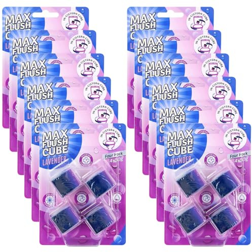 12 Pack Max Flush Cube Toilet Cleaning Blocks – Coloured Water Cistern, Powerful Limescale Remover, Foaming Action Toilet Cleaner, Long-Lasting Fresh Fragrance In-Cistern Toilet Freshener – Lavender