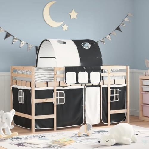 QJBSAVVA Kinderhochbett 90x190 cm Kiefer Massivholz mit Vorhang-Set und Tunnel Spielbett Jugendbett Einzelbett Schwarz-Weiß für Kinderzimmer