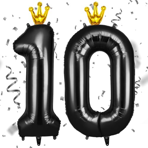 AOOSU Zahlen Luftballon Schwarz Folienballon 10, 40 Zoll Helium Ballons Geburtstagsdeko Mädchen Junge Kindergeburtstag Party Deko Ballon Zahl mit Krone für Männer Frauen Geburtstagsparty Deko