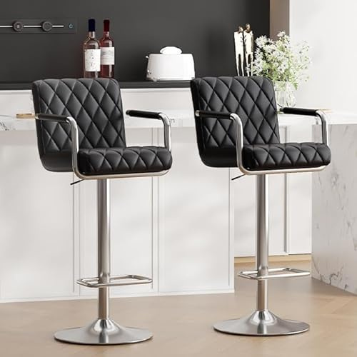 Ckaff Barhocker 2er Set, Barstühle Höhenverstellbar, 360° Drehbare Küchenhocker mit Armlehnen, Rückenlehne und Fußstütze,Barstuhl aus PU-Leder für Küche Wohnzimmer Esszimmer, Schwarz