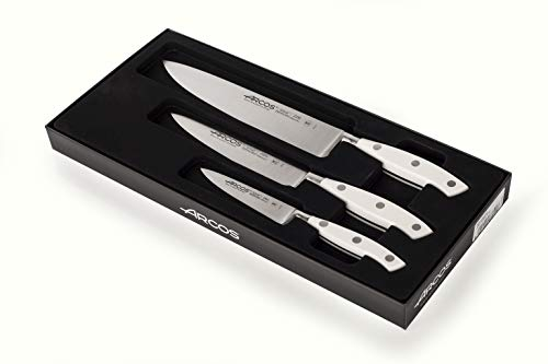 Arcos Riviera Blanc, Juego de Cuchillos de Cocina, Mondador + Santoku + Cuchillo de Chef, Acero Inoxidable Forjado Nitrum, Mango POM, Color Blanco