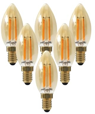 paul russells LED Candle Filament Light – 4.5W 35W Equivalent Replacement, 400LM Lumens, 2200K Extra Warm White, SES E14 Small Edison Screw C35 Bulbs – Energy Saving Non-Dimmable Lamps - Pack of 6