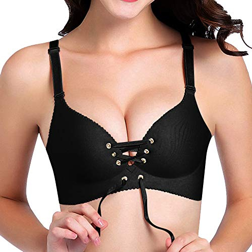Vertvie Damen BH Set V Push Up Ohne Bügel Bra Nahtlos Bustier mit Schnürung vorne Top(80C, Schwarz)