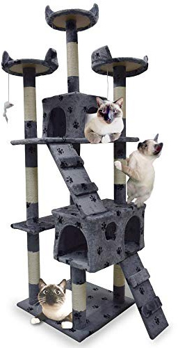 BITUXX XL Katzen Kratzbaum Katzenbaum Katzenhaus Katzenturm Sisal Kratzsäule 170cm (Hellgrau mit Pfote)