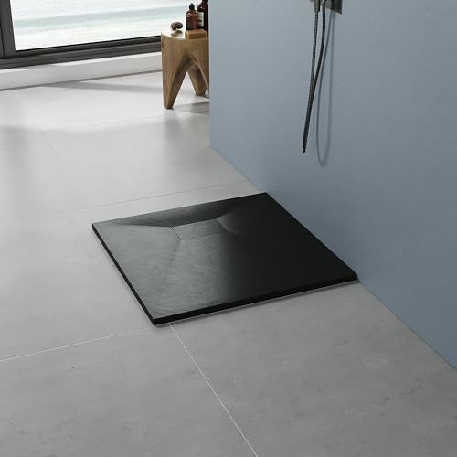AQUABATOS SMC Duschwanne 90x90 cm 32 mm Schwarz Eckig Quadratisch Duschtasse Rutschfest Bodengleich Ebenerdig Montage Steinoptik Schieferoptik Superflach (Ablaufgarnitur nicht Inklusive)
